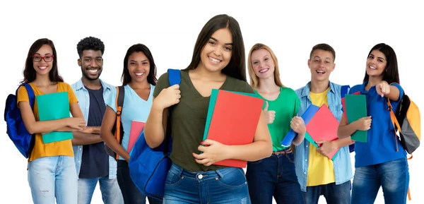 Rindo Estudante Espanhol Feminino Com Grupo Estudantes Internacionais Isolados Fundo — Fotografia de Stock