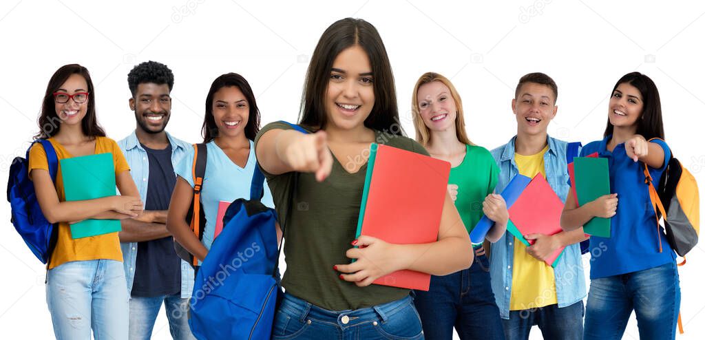 Young spanish female student with group of international students isolated on white background for cut out