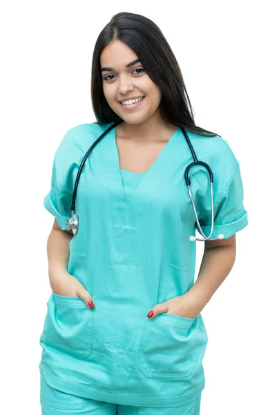 Pretty Spanish Female Nurse Medical Student Isolated White Background Cut — Stock Photo, Image