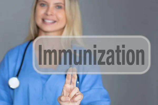 Immunization Sign Female Doctor Touching Screen — Photo