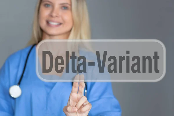 Delta变体标志 女医生触摸屏幕 — 图库照片
