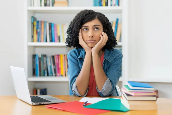 Concerned Sad Female Student Worried Peruvian Young Adult Woman Desk — Stock Photo, Image