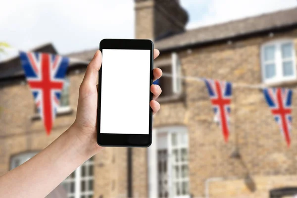 Hand Holding Mobile Phone Blank Screen United Kingdom Flags — Stock Photo, Image