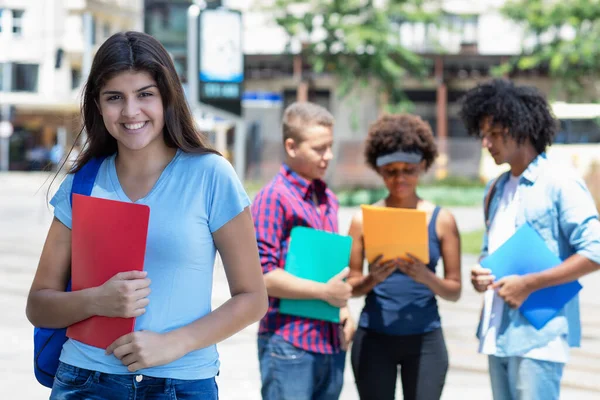 Laughing Young Hispanic Female Student Group Young Adults Summer City — Stock Photo, Image