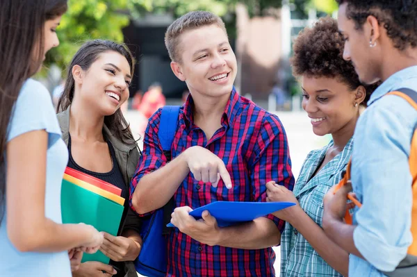 Laughing German Exchange Student Talking Multi Ethnic Young Adults Outdoor — Fotografia de Stock