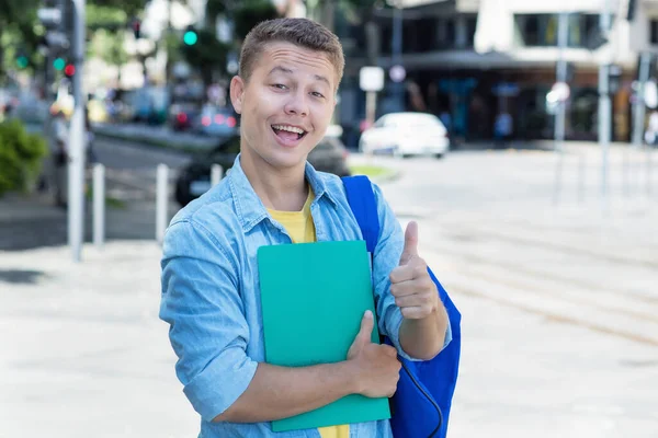 German Male Student Showing Thumb Summer City — Stockfoto