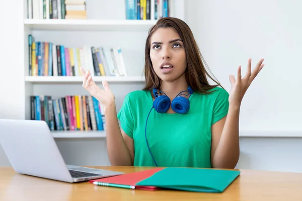 Angry Colombian Female Student Desk Home — Stock Photo, Image