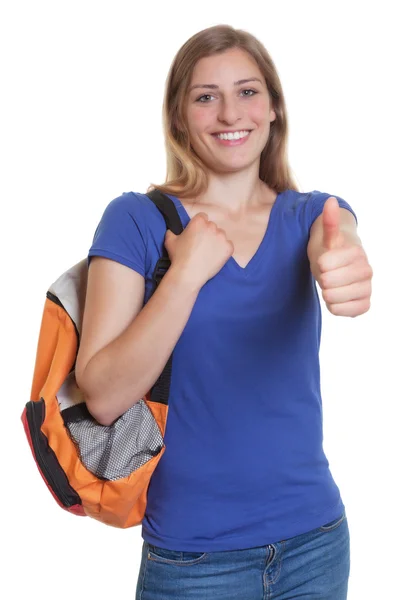 Laughing blonde student with backpack showing thumb up — Stock Photo, Image