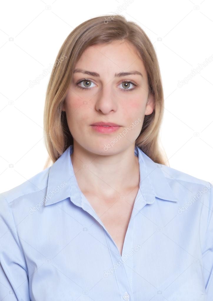 Portrait of a blonde german woman in blue blouse