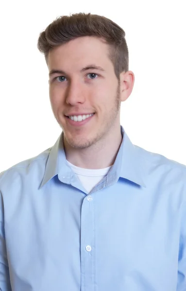 Portrait of a happy guy in a blue shirt — Stock Photo, Image