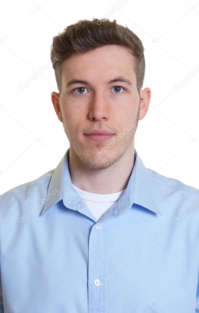 Passport picture of a cool guy in a blue shirt