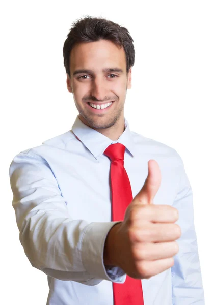 Empresario con corbata roja mostrando el pulgar hacia arriba — Foto de Stock