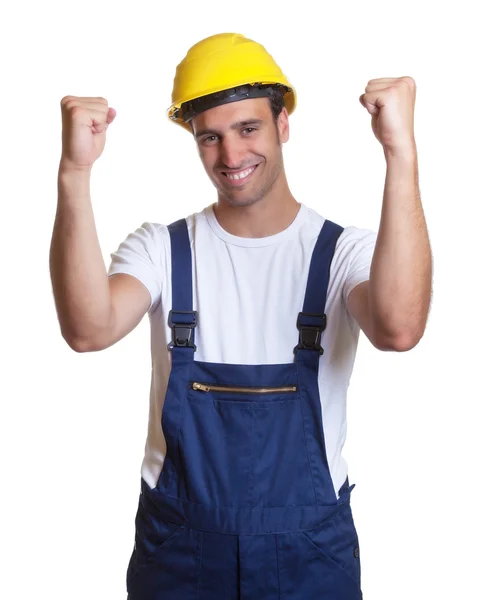 Cheering latin construction worker — Stock Photo, Image