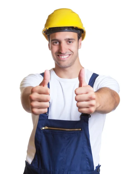 Happy latin construction worker showing both thumbs — Stock Photo, Image