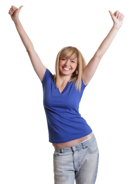 Cheering hipster girl in a blue shirt — Stock Photo, Image