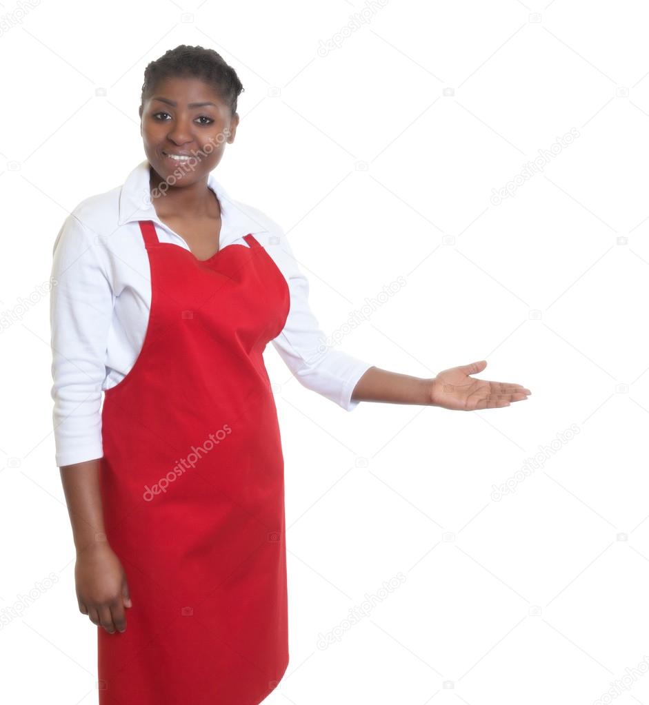 African american waitress inviting guests