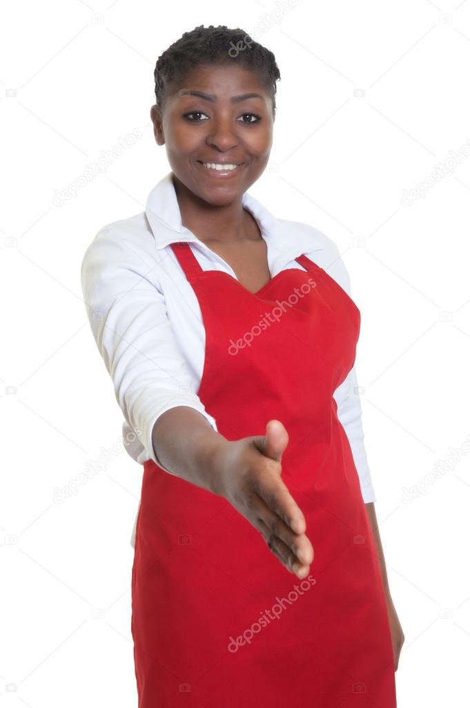 Beautiful african american waitress reaching hand for handshake — Stock