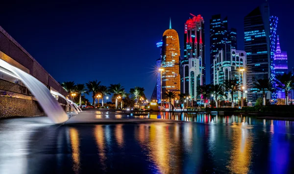 February 2019 Colorful Skyline Doha Qatar City Night Winter Season — Stock Photo, Image