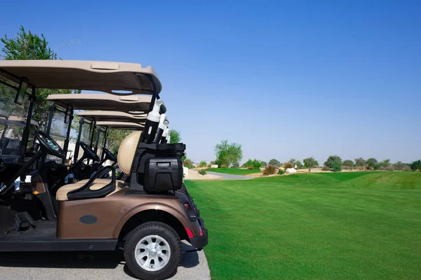 Golf Kocsi Golfpályán Zöld Mező Felhős Kék Tavaszi Táj Friss — Stock Fotó
