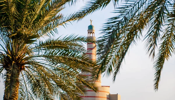 Fanar Tower Seen Palm Leaves Selective Focus — Stock Photo, Image