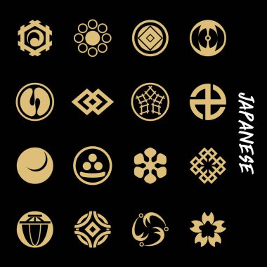 Geleneksel Japon sembolleri ve desenleri. Bu basit bir vektör illüstrasyonudur. Eski ve modern stillerin uyumlu bir karışımıdır. Gerekirse renk değiştirilebilir. Eps10 vektörü.