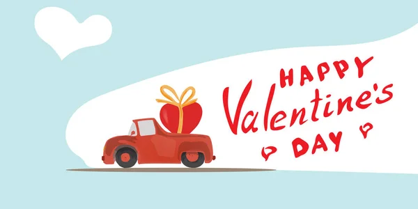 Camioneta Roja Lleva Corazón Una Caja Regalo Tarjeta San Valentín — Archivo Imágenes Vectoriales