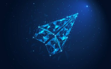 Mavi arka planda açık mavi poligon kağıt uçak. Yenilikçi iş seyahati kavramı fütüristik vektör çizimi.