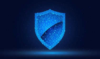 Güvenlik kalkanı. Koyu mavi üzerine soyut kablo vektör çizimi. Güvenli Konsept 'in Korunması. Düşük polimerli gökyüzü dijital 3d modern görüntü veya arkaplan. Gelecekçi vektör illüstrasyonu.