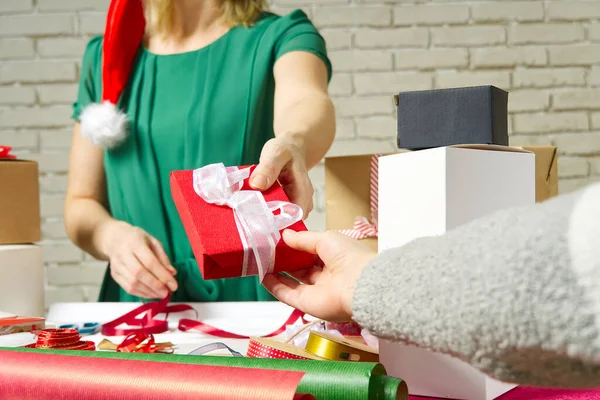 Close Hands Women Hands Holding Giving Red Gift Box White — Stock Photo, Image