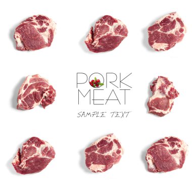 Menü ve arka plan için taze çiğ biftek yaratıcı tasarım. Domuz eti dilimleri.