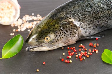 Çiğ organik somon Koyu bir tahta, taş.