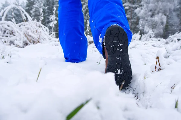 Mann, der im winterlichen Wald bei Schnee in Wanderschuhen wandert. Winterwandern. — Stockfoto