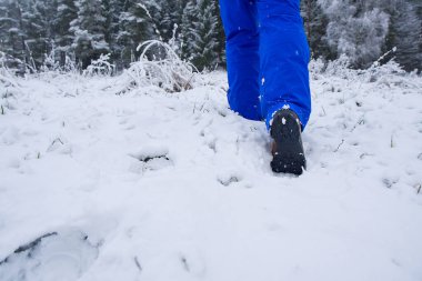 Kış ormanlarında yürüyüş yapan bir adam yürüyüş ayakkabısı botlarıyla kar altında. Kış yürüyüşü.