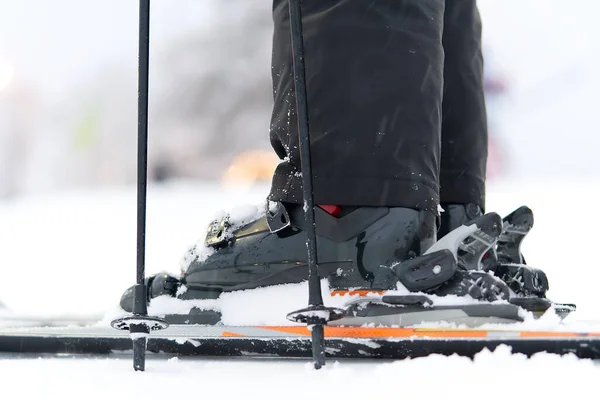 Ski boots and skis at the resort, close-up, on a snowy day — Stock Photo, Image