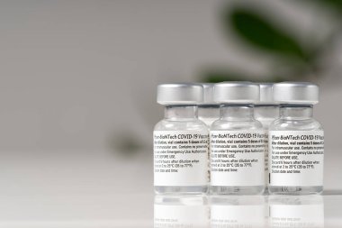 Estonya, Tallinn, 09.01.2021 Pfizer ve BioNTech Covid-19 aşısı. Aşılı küçük ampuller
