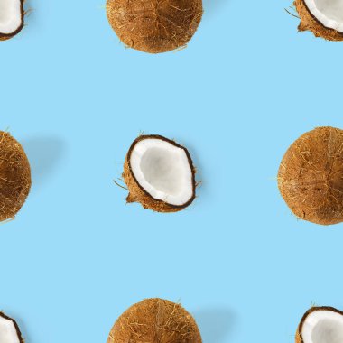 Hindistan cevizi aralıksız desen. Mavi arka planda izole edilmiş hindistan cevizi olan tropik soyut bir arka plan. düz yat.