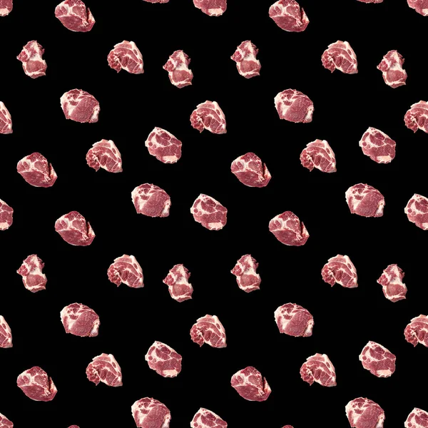 Seamless Pattern with raw pork meat slices on black background, food pattern — Stock Photo, Image