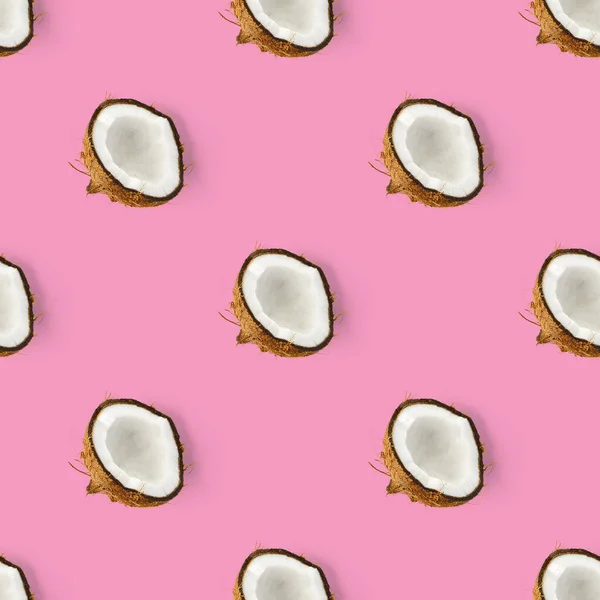 Kokosnuss Nahtloses Muster. Tropischer abstrakter Hintergrund mit isolierter Kokosnuss auf rosa Hintergrund. flache Lage. — Stockfoto
