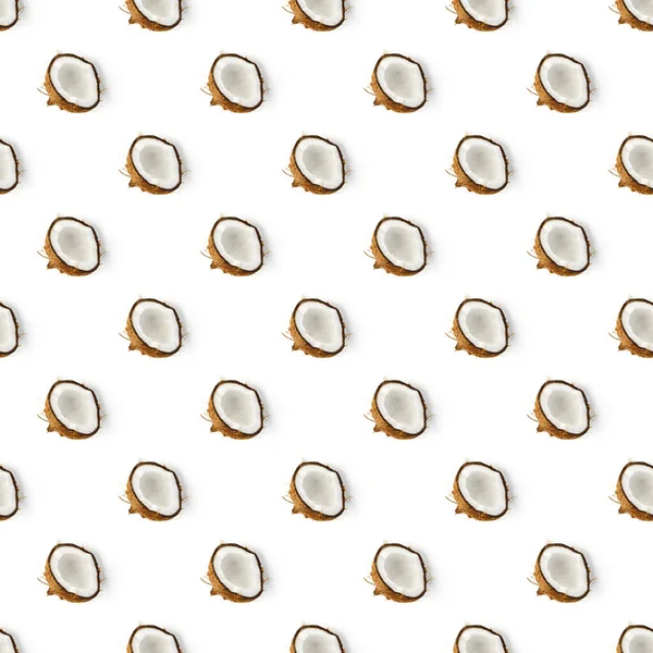 Kokosnuss Nahtloses Muster. Tropischer abstrakter Hintergrund mit isolierter Kokosnuss auf weißem Hintergrund. flache Lage. — Stockfoto