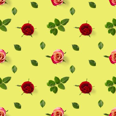 Gül goncası kusursuz desen. Yeşil desenle izole edilmiş gül çiçeği başkanı, pop art