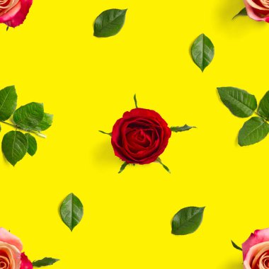 Gül tomurcuğu pürüzsüz desen. Gül çiçeğinin başı sarı desende izole edilmiş, pop sanatı.