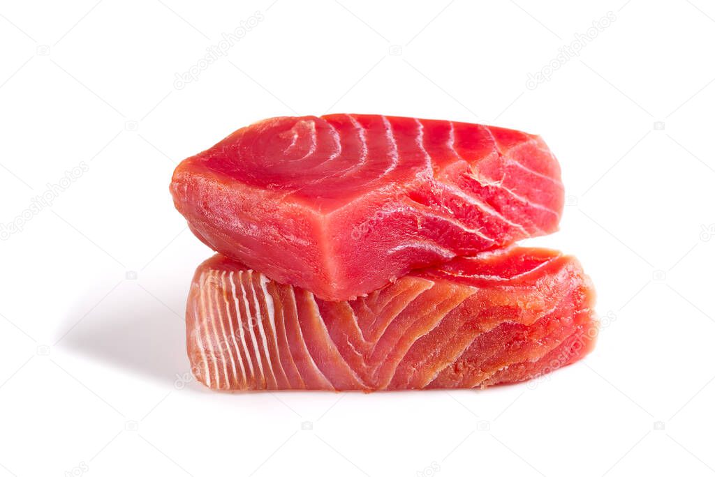 fresh yellowfin sliced tuna steak isolated on a white background. bluefin tuna medallions