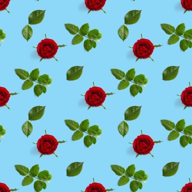 Gül goncası pürüzsüz desen. Gül çiçeğinin başı mavi desenle izole edilmiş, pop sanatı.