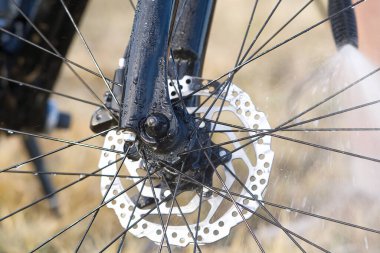 Arka bahçede bisiklet yıkama. Bisiklet sezonu için bahar hazırlıkları. Bisiklet bakımı, bisiklet yıkama