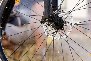 Arka bahçede bisiklet yıkama. Bisiklet sezonu için bahar hazırlıkları. Bisiklet bakımı, bisiklet yıkama