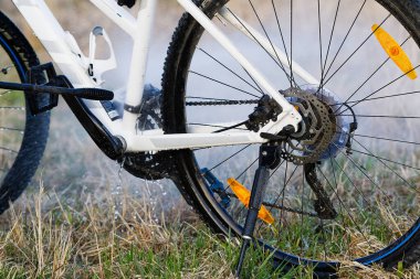Arka bahçede bisiklet yıkama. Bisiklet sezonu için bahar hazırlıkları. Bisiklet bakımı, bisiklet yıkama