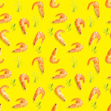 Kaplan karidesi. Karidesten yapılmış kusursuz desen sarı bir arka planda izole edilmiş. Karidesli deniz ürünleri deseni. deniz ürünleri deseni