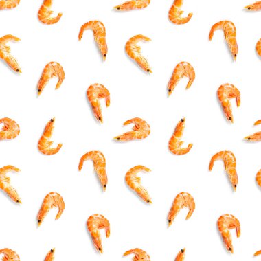 Kaplan karidesi. Karides 'ten yapılmış kusursuz desen beyaz bir arka planda izole edilmiş. Karidesli deniz ürünleri deseni. deniz ürünleri deseni