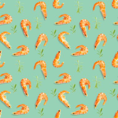 Kaplan karidesi. Yeşil bir arka planda karidesten yapılmış kusursuz desen. Karidesli deniz ürünleri deseni. deniz ürünleri deseni