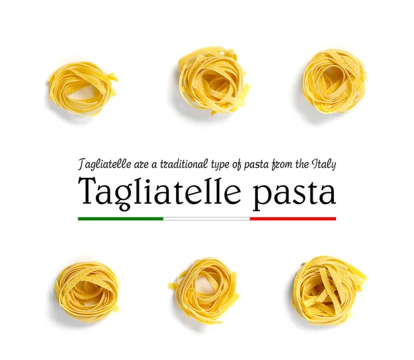 Italiaanse pasta tagliatelle. rauwe pasta fettuccine pop art achtergrond, platte lay. Italiaanse rauwe nest pasta geïsoleerd op wit — Stockfoto